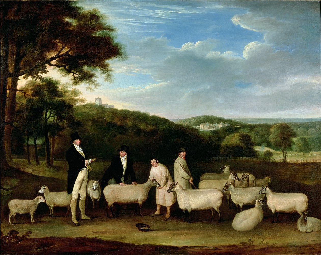 Thomas William Coke portréja, Esq. (1752-1842) megvizsgált néhány South Down juhát Walton úrral és a Holkham pásztorokkal alkotó: Thomas Weaver