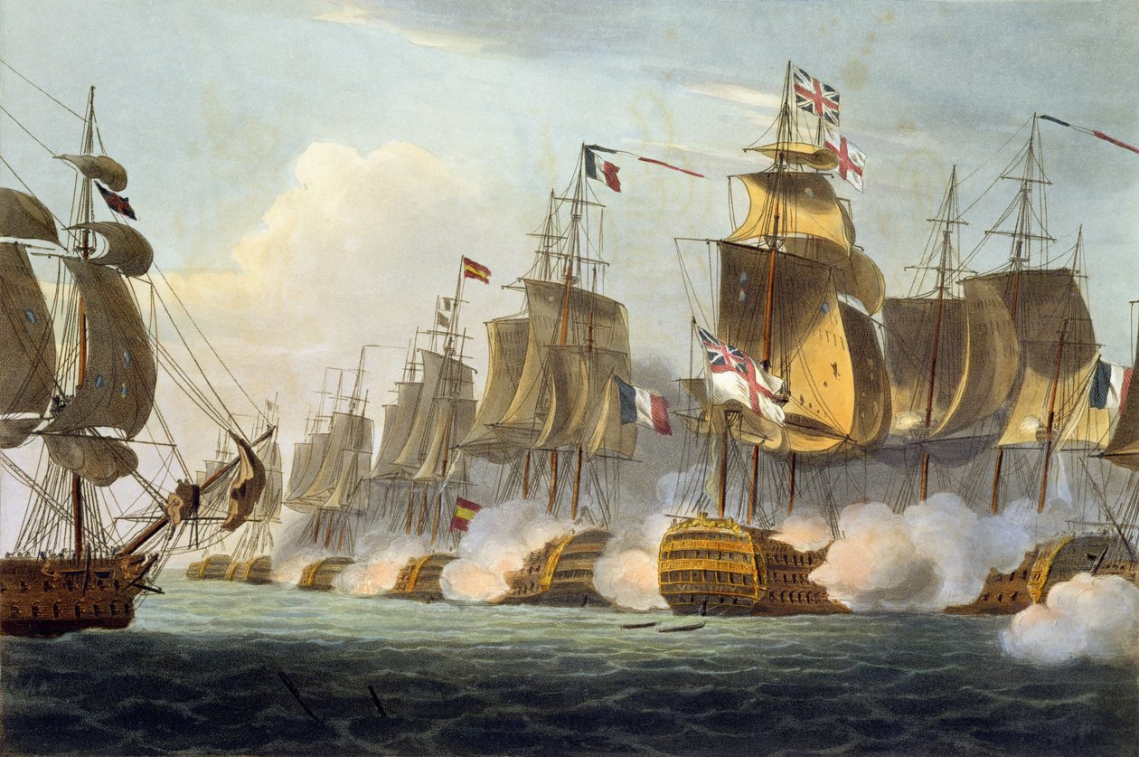 Trafalgari csata, 1805. október 21., James Jenkins „The Naval Achievements of Great Britain” című művéből, Thomas Sutherland (sz. 1785) metszetéből, 1816-ban megjelent (kézzel színezett akvatinta) alkotó: Thomas Whitcombe