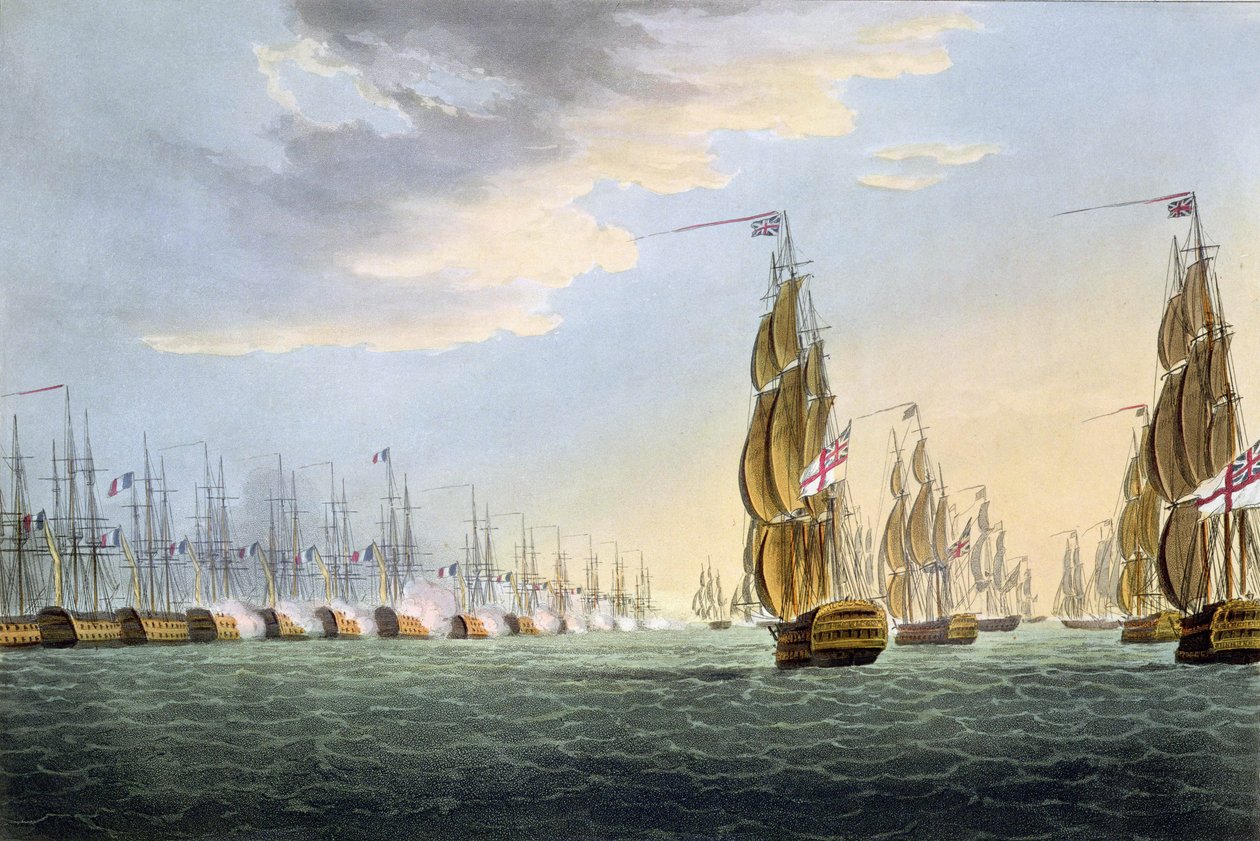 Nílusi csata, 1798. augusztus 1., Thomas Sutherland metszete J. Jenkins "Naval Achievements" című művéhez, 1816 (színes metszet). alkotó: Thomas Whitcombe