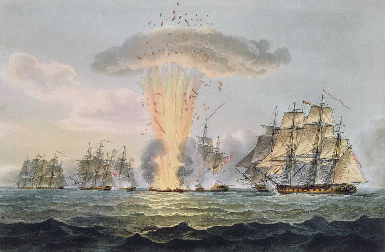 Négy spanyol fregatt elfogása és megsemmisítése, 1804. október 5., Thomas Sutherland metszete J. Jenkins "Naval Achievements" című művéhez, 1816 (színes metszet). alkotó: Thomas Whitcombe