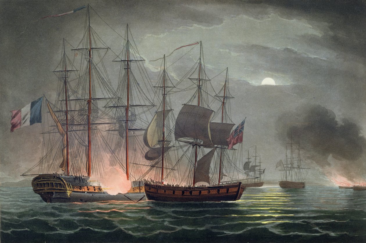 La Desiree elfoglalása, 1800. július 7., James Jenkins "The Naval Achievements of Great Britain" című művéből, Thomas Sutherland (szül. 1785 körül) metszete, megjelent 1816-ban (kézzel színezett akvatinta). alkotó: Thomas Whitcombe