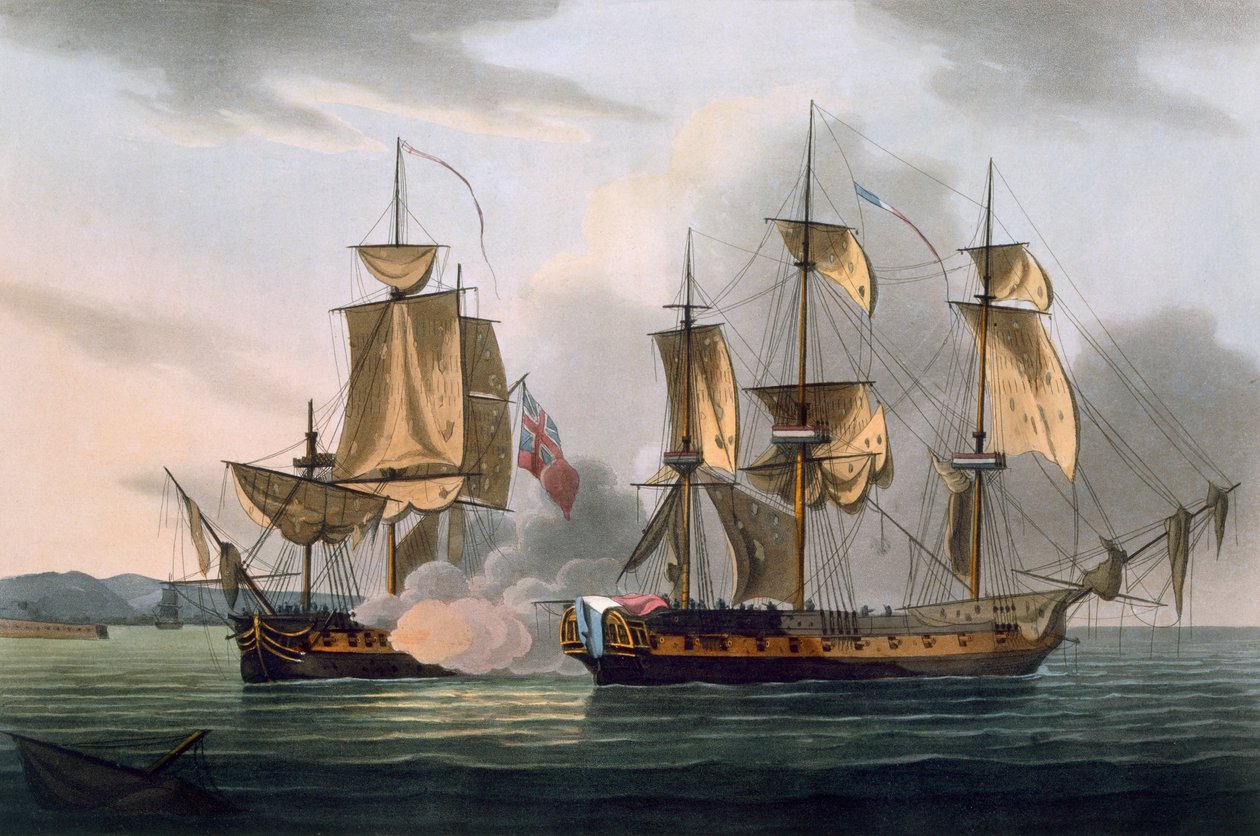 La Reunion elfoglalása, 1793. október 21., James Jenkins „The Naval Achievements of Great Britain” című művéből, Joseph Jeakes (fl.1796-1809) metszete, 1816-ban megjelent (kézzel színezett akvatinta) alkotó: Thomas Whitcombe