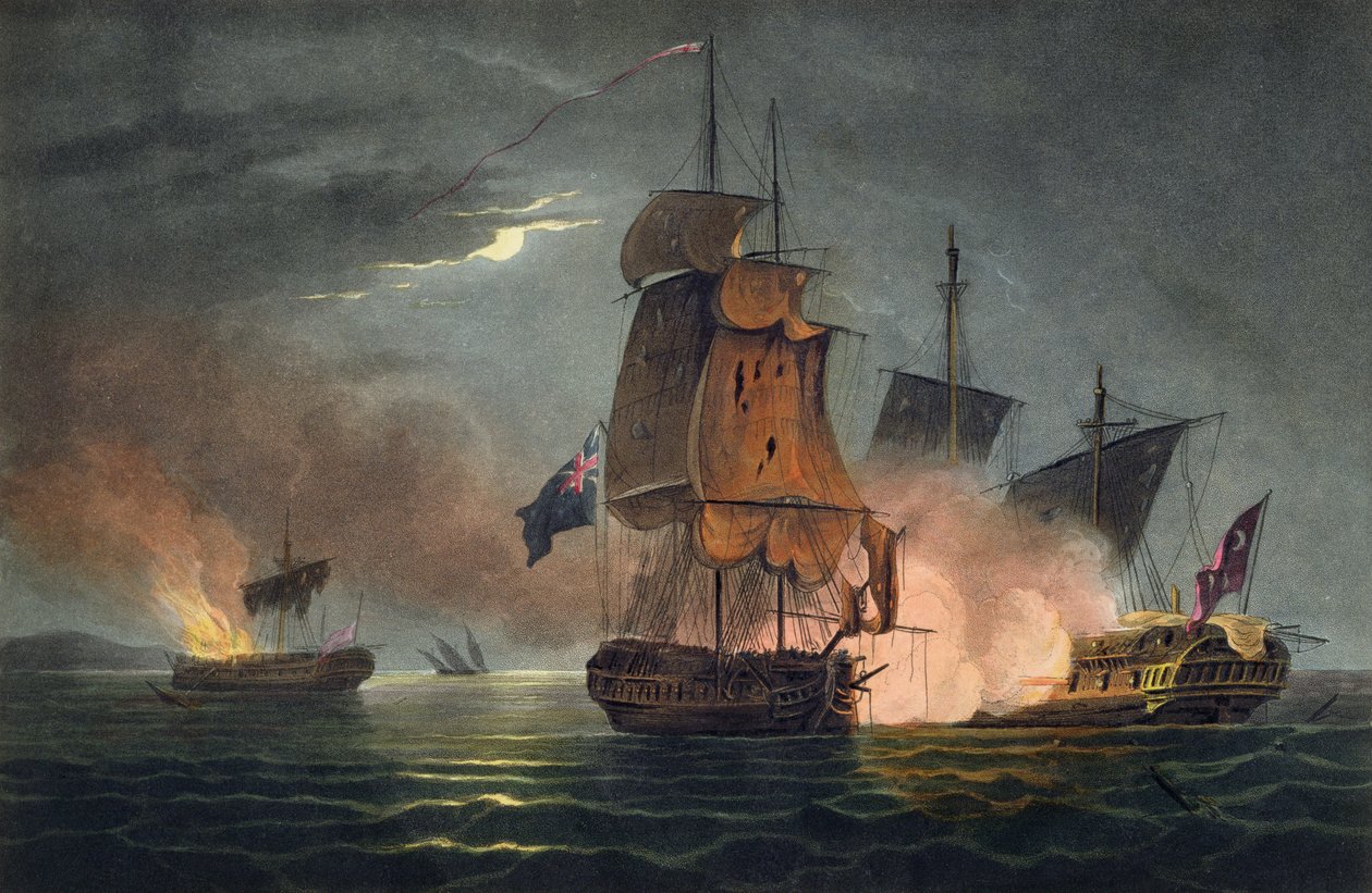 A Badere Zaffer elfogása, 1808. július 6., James Jenkins „The Naval Achievements of Great Britain” című művéből, Thomas Sutherland (sz. e. 1785) metszete, 1816-ban megjelent (kézzel színezett akvatinta) alkotó: Thomas Whitcombe