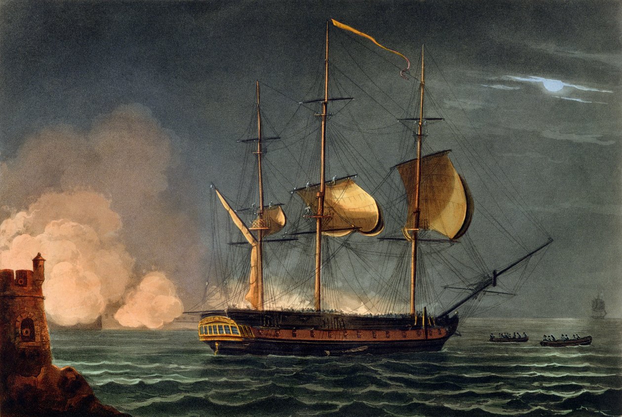 Kivágás a Hermione-ból Porto Cavallo kikötőjéből, 1799. október 25., James Jenkins „The Naval Achievements of Great Britain” című művéből, Thomas Sutherland (sz. e. 1785) 18-án megjelent. alkotó: Thomas Whitcombe