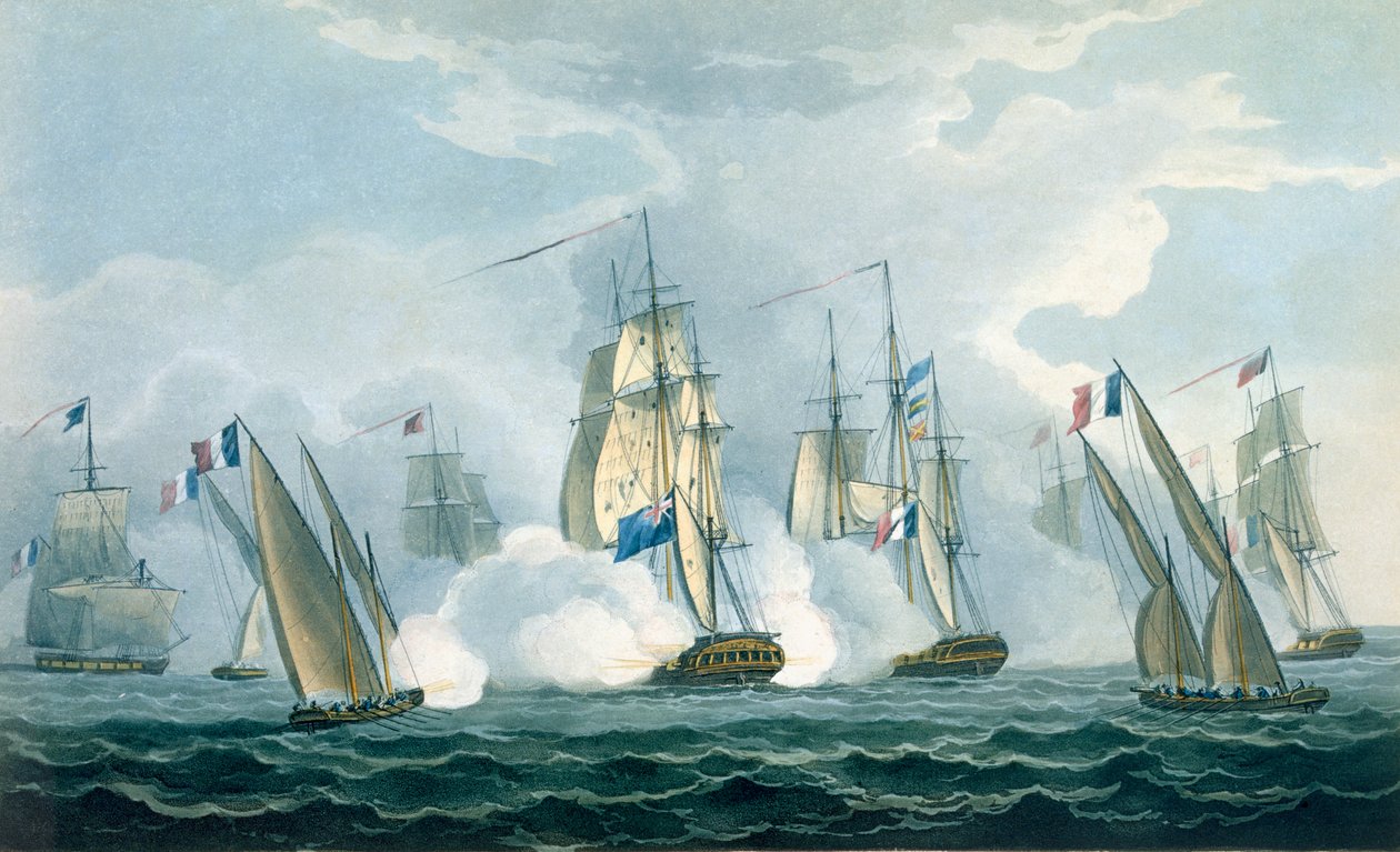 HMS Sirius, Rowse kapitány a Tiberis torkolatánál egy francia osztagot vesz fel, 1806. április 17., T. Sutherland metszett J. Ralfe „Nagy-Britannia haditengerészeti kronológiája” címére, 1820-ban alkotó: Thomas Whitcombe