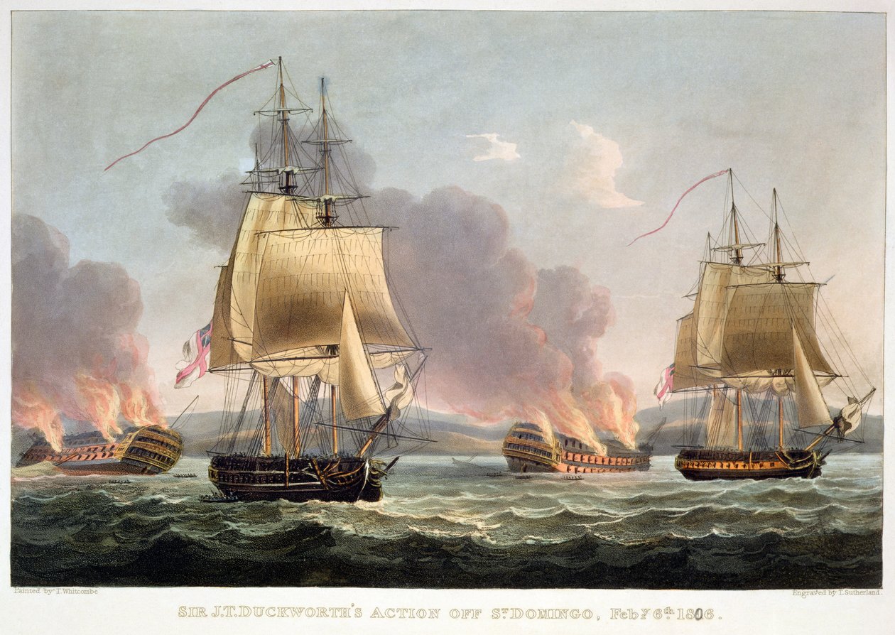 Sir J. T. Duckworth akciója St. Domingo mellett, 1806. február 6., Thomas Sutherland vésette J. Jenkins „Tengerészeti eredmények” című művéhez, 1816 (színes metszet) alkotó: Thomas Whitcombe