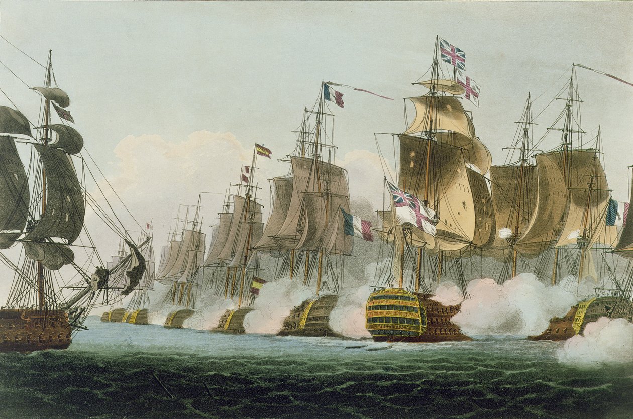 A trafalgari csata, 1805. október 21., Thomas Sutherland vésette J. Jenkins „Tengerészeti eredményei” című művéhez, 1816 alkotó: Thomas Whitcombe