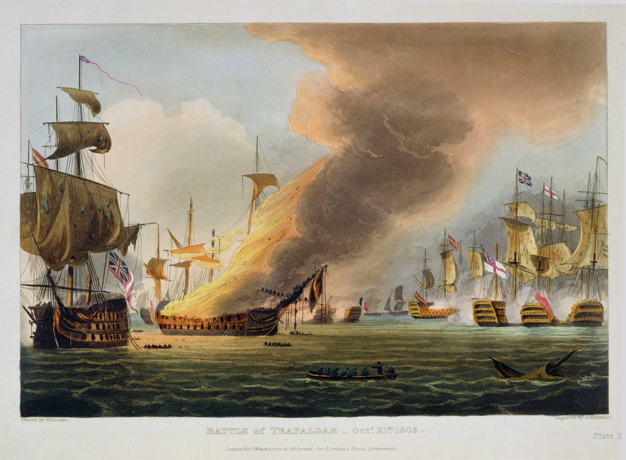 A trafalgari csata, 1805. október 21., vésette Thomas Sutherland J. Jenkins „Naval Achievements” című művéhez, 1816 (színes metszet) alkotó: Thomas Whitcombe