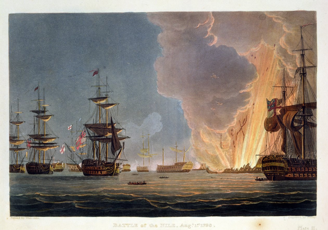 A nílusi csata, 1798. augusztus 1., Bailey metszete J. Jenkins "Naval Achievements" című művéhez, 1816 (színes metszet). alkotó: Thomas Whitcombe