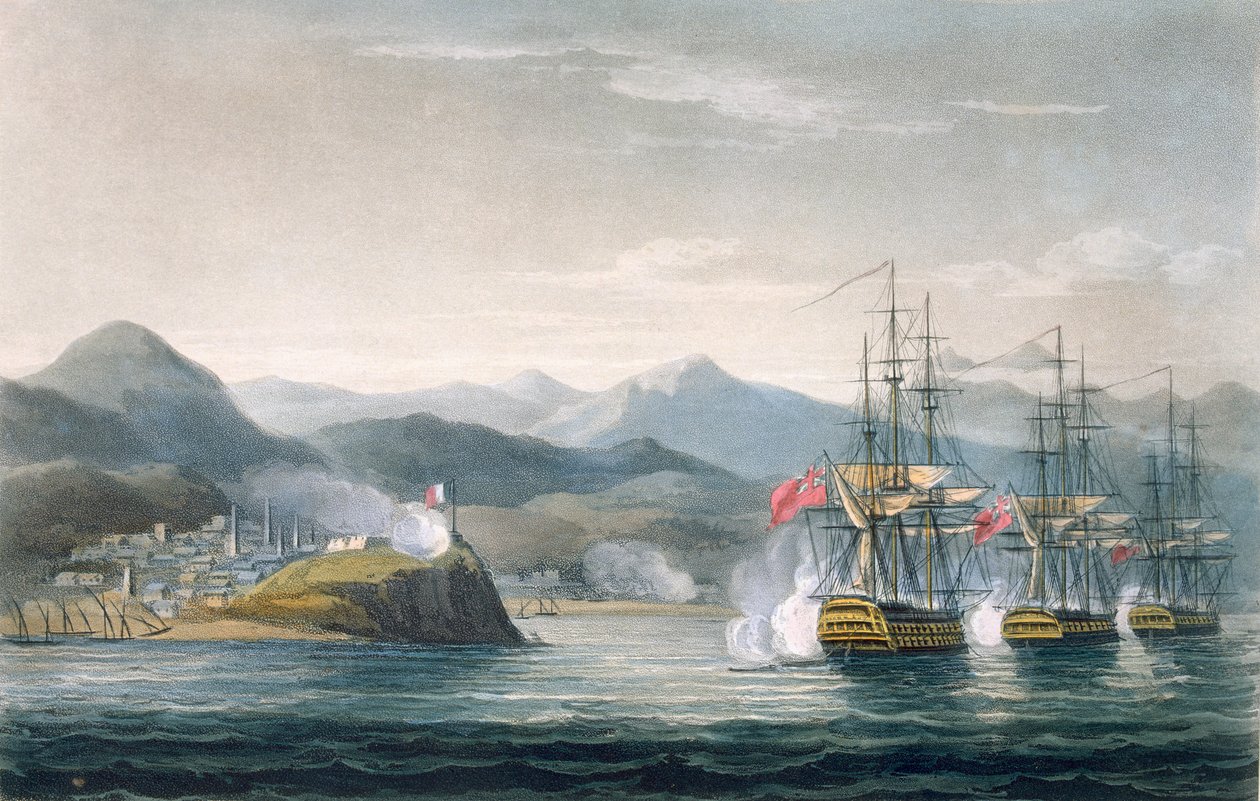 A Sir J. Brisbane parancsnoksága alatt álló hajóraj támadása a Maurigio erőd ellen 1814. április 12-én, metszet: T. Sutherland metszete J. Ralfe "The Naval Chronology of Great Britain" című művéhez, kiadta 1820-ban (színes). alkotó: Thomas Whitcombe