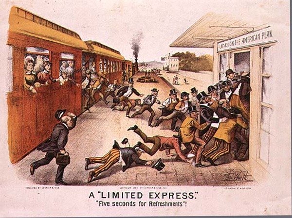Korlátozott expressz, öt másodperc a frissítőkért, pub. Currier és Ives New Yorkban, 1884 alkotó: Thomas Worth