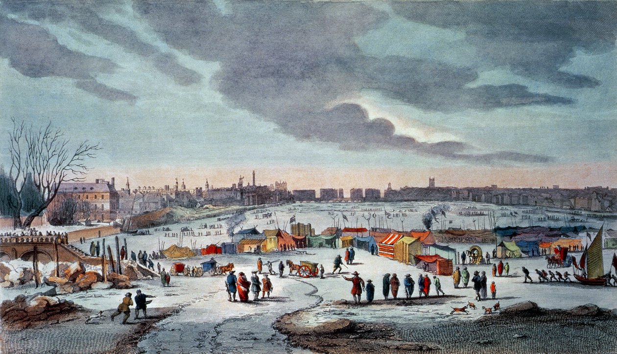 Frost Fair a Temze folyón, a Temple Stairs közelében 1683-84-ben, metszett James Stow (1770-1820 körül), kocsma. 1825, Robert Wilkinson (színes nyomat) alkotó: Thomas Wyke