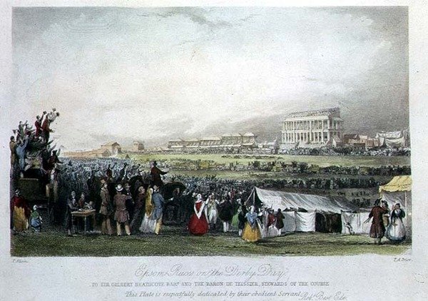 Epsom Races on Derby Day, 1841, (kézzel színezett metszet) alkotó: Thomas Allom
