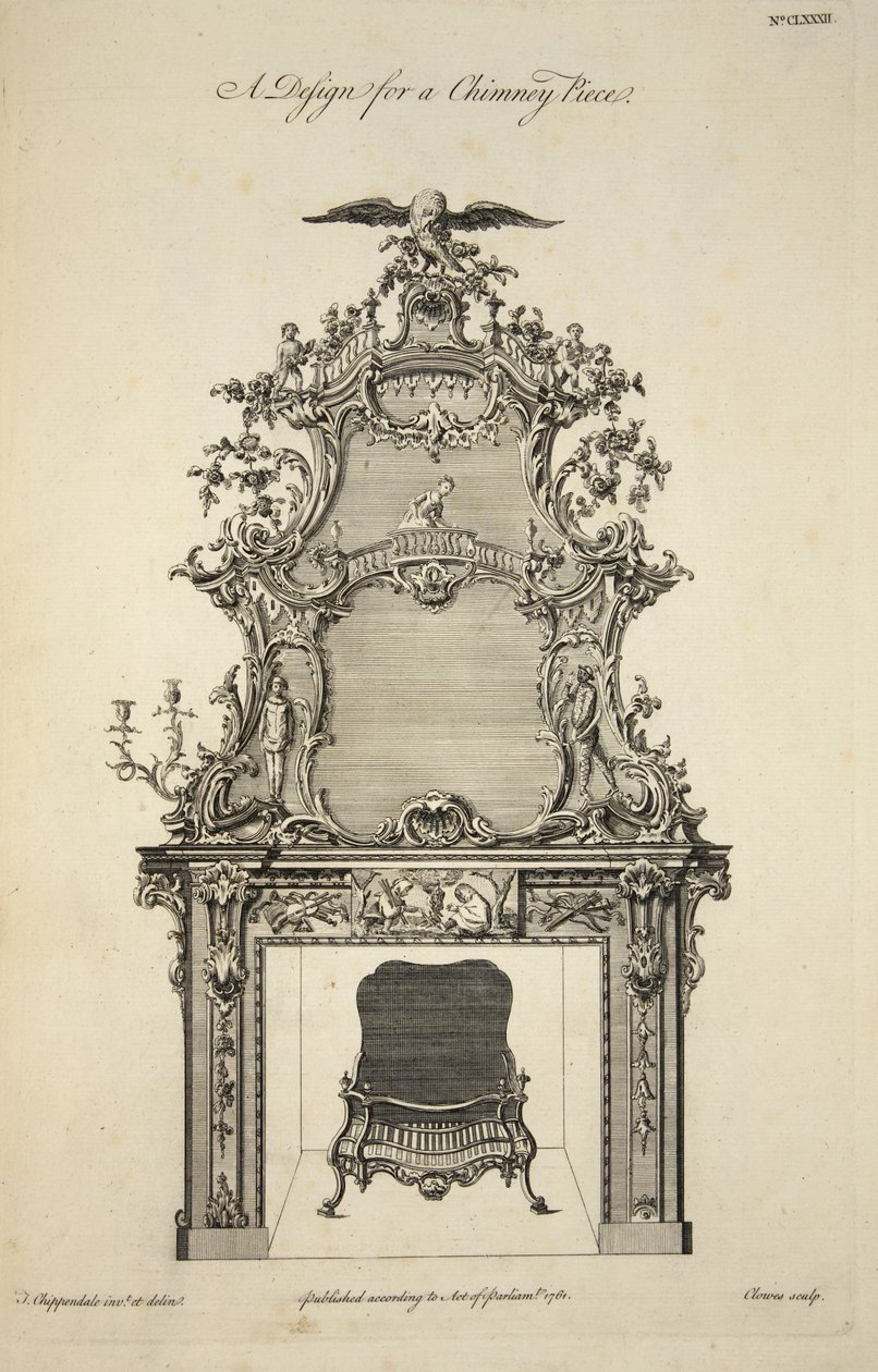 Tervezés kéménydarabhoz, kocsma. 1761 alkotó: Thomas after Chippendale