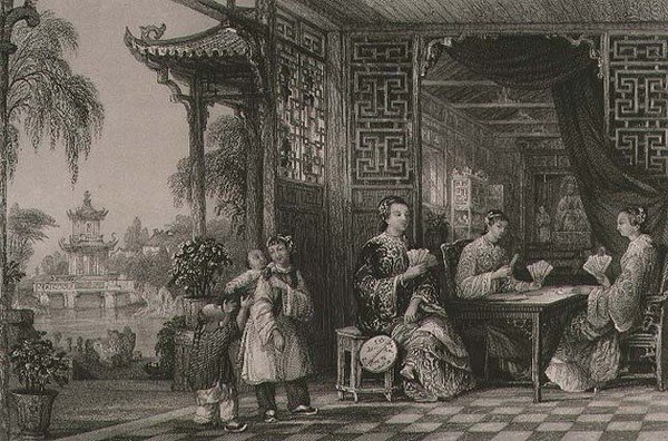 Mandarin család hölgyei a kártyákon, George Newenham Wright (kb. 1790-1877) „China in a Series of Views” című művéből, 1843 (metszet) alkotó: Thomas (after) Allom