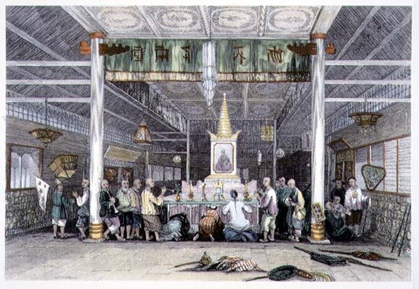 Buddha temploma, Kanton, George Newenham Wright (kb. 1790-1877) „Kína a nézetek sorozatában” című filmből, 1843 (színes metszet) alkotó: Thomas (after) Allom