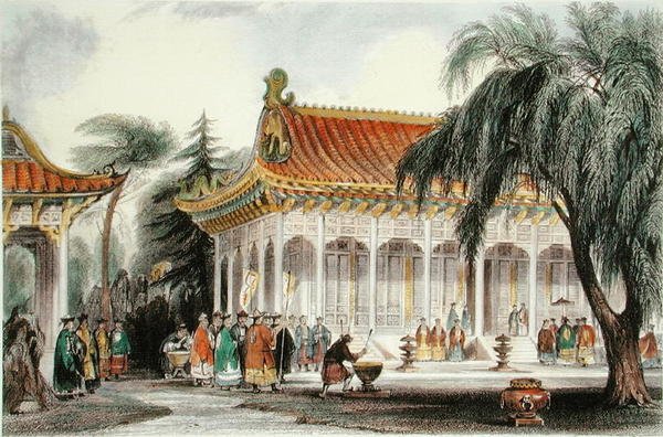 A pekingi Yuen-ming-Yuan palota közönségterme, 1850 körül (színes litó) alkotó: Thomas (after) Allom
