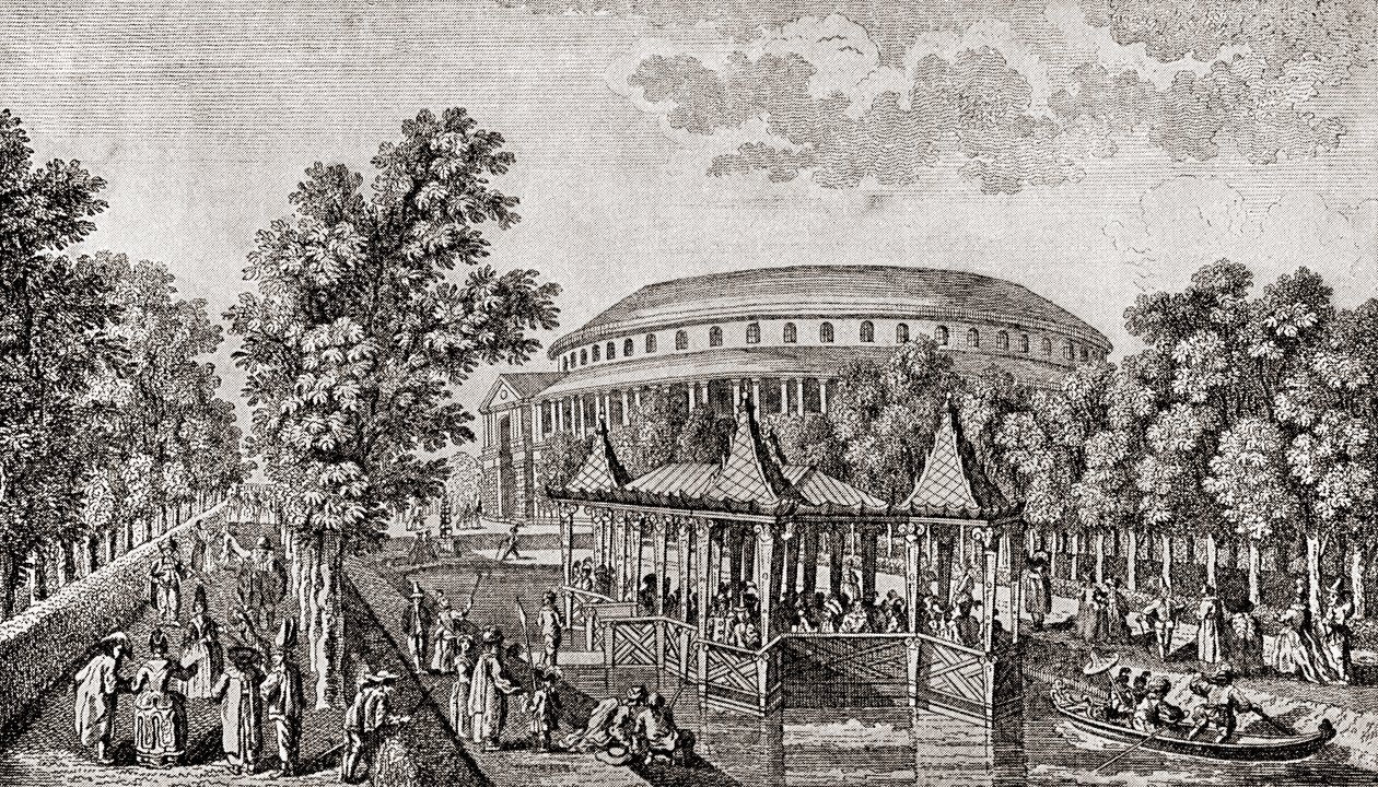 Ranelagh Gardens, Chelsea, London, Anglia. A Ranelagh Gardens-i Rotunda külseje, a "kínai ház" és a telek egy része Thomas Bowles metszetét követően alkotó: Thomas (after) Bowles