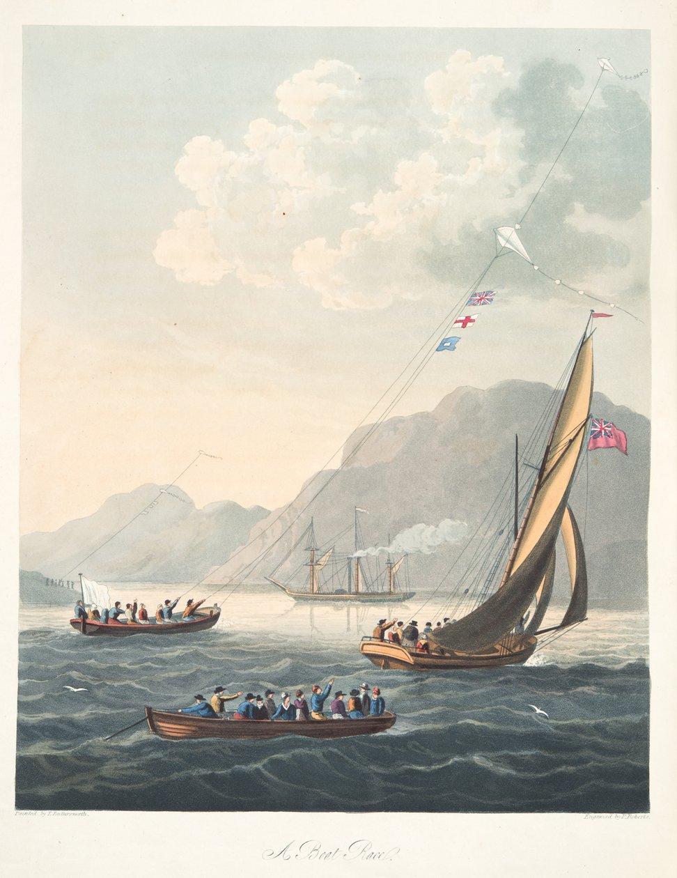 Csónakverseny, a "The Aeropleustic Art, or Navigation in the Air, by the Use of kites, or Buoyant Sails, Pub. 1827 (kézzel festett aquatinta) című alkotásból. alkotó: Thomas (after) Butterworth