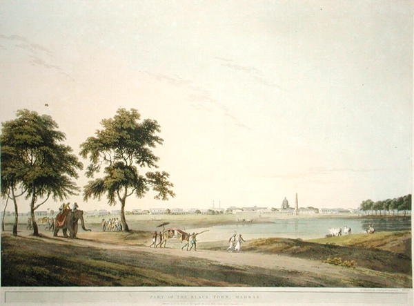 A Madras-i Black Town része, 34. tábla az „Oriental Scenery: Twenty Four Views in Hindoostan” című filmből, Thomas és William (1769-1837) Daniell metszete alkotó: Thomas (after) Daniell