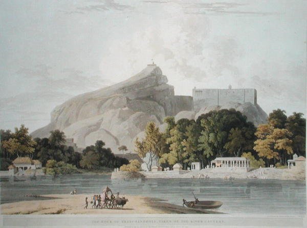 A Trichinopoly-szikla, a Cauvery folyón, 45. tábla az „Oriental Scenery: Twenty Four Views in Hindoostan” című filmből, Thomas és William (1769-1837) Daniell metszete alkotó: Thomas (after) Daniell