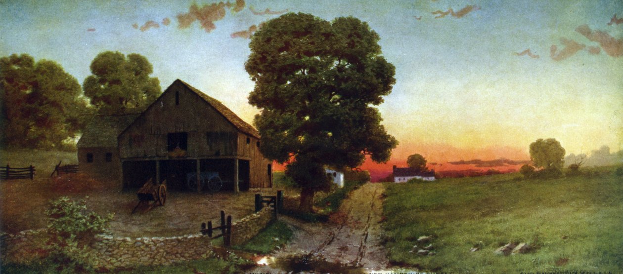 A New Hampshire-i naplemente, 1910. Thomas Moran (1837-1926) angol származású amerikai művész után. Egyesült Államok Táj legelő pálya Farmyard Barn Cart Tree Sky Este alkotó: Thomas (after) Moran