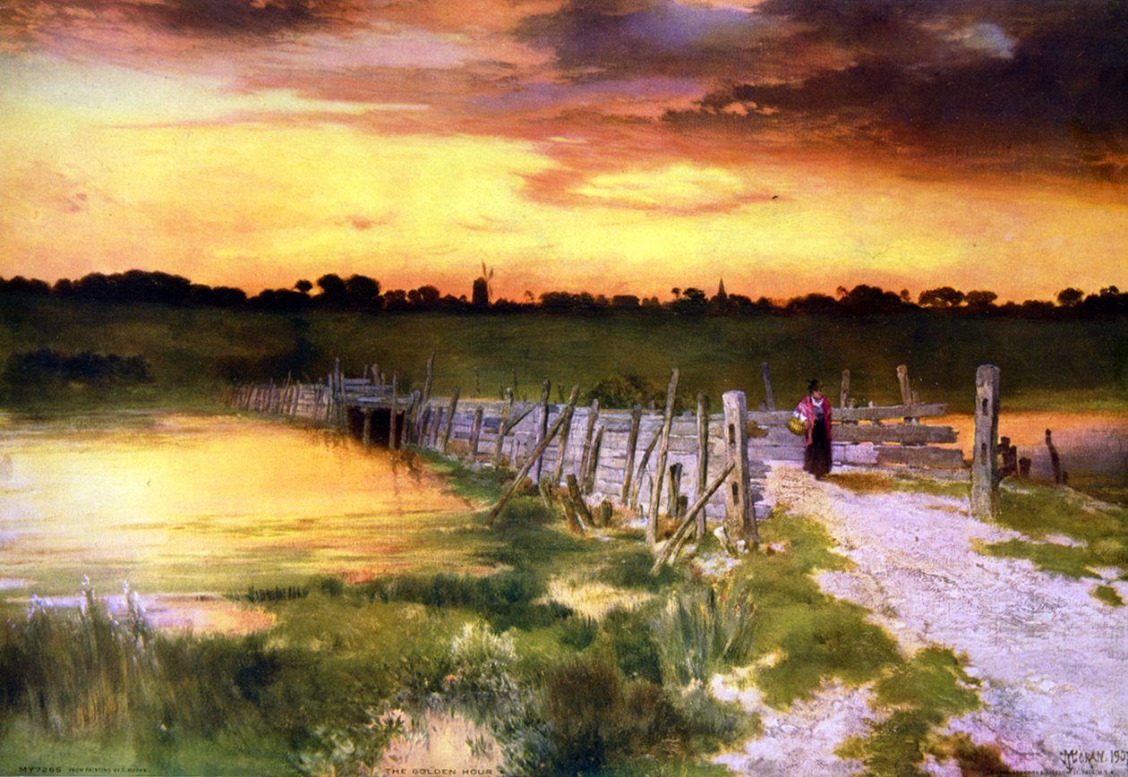 Az Aranyóra, 1912. Thomas Moran (1837-1926) angol származású amerikai művész után. Táj naplemente este folyó közúti híd fából készült béke nyugalom alkotó: Thomas (after) Moran