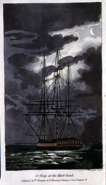 Alvás az árbockosárnál, John Mitford (1782-1831) "Johnny Newcome kalandjai a haditengerészetnél" című művének W. Read által metszett táblája. alkotó: Thomas (after) Rowlandson