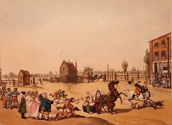 Bejárat a Hackney vagy Cambridge Heath Turnpike felől, távoli kilátással a Szent Pál-templomra, Schutz metszetével alkotó: Thomas (after) Rowlandson