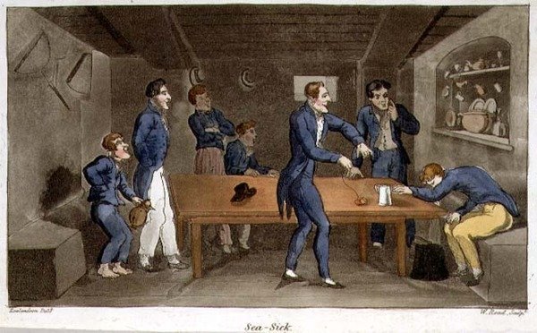 Sea Sick, John Mitford (1782-1831) „The Adventures of Johnny Newcome in the Navy” című lemeze, W. Read metszet alkotó: Thomas (after) Rowlandson