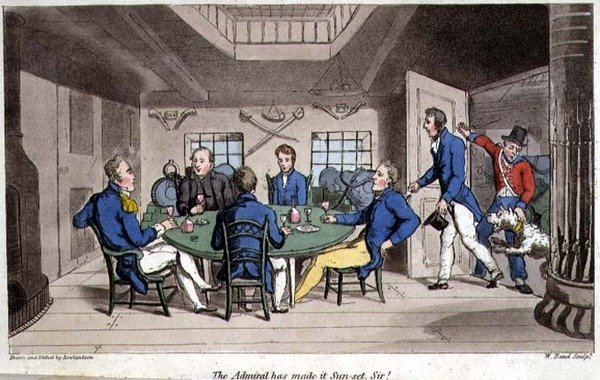 Az admirális elkészítette a naplementét, uram! lemez a John Mitford (1782-1831) „The Adventures of Johnny Newcome in the Navy”-ból, W. Read metszetével alkotó: Thomas (after) Rowlandson