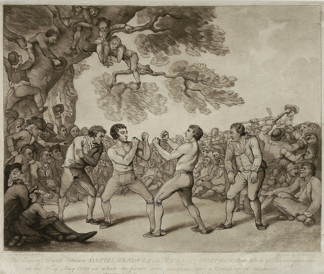 Daniel Mendoza és Richard Humphreys bokszmeccse Stiltonban, Huntingdonshire-ben, 1789. május 6., vésette Joseph Grozer (1755-99 körül) (metszet) alkotó: Thomas (after) Rowlandson