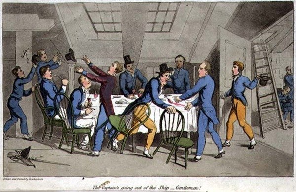 A kapitány kiszáll a hajóból – Uraim! lemez a John Mitford (1782-1831) „The Adventures of Johnny Newcome in the Navy”-ból, W. Read metszetével alkotó: Thomas (after) Rowlandson