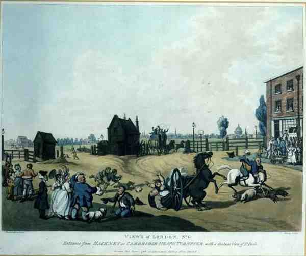 Londoni kilátások, 6. sz.: Bejárat a Hackney vagy a Cambridge Heath Turnpike felől, távoli kilátással a St. Paul