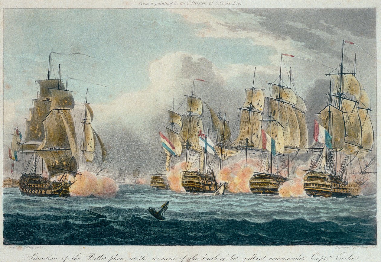 A HMS "Bellerophon" helyzete bátor parancsnoka, Cooke kapitány halálának pillanatában alkotó: Thomas (after) Whitcombe