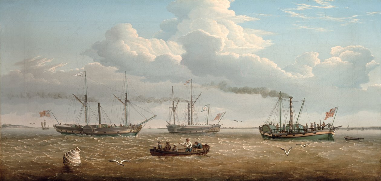 Három evezős-gőzhajó, a "Kingston", a "Prince Frederick" és a "Calder" Selbyből a Hull Roadsban, 1823 körül (olaj, vászon) alkotó: Thomas A. Binks
