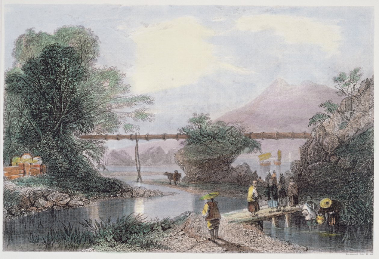 Bambusz vízvezeték Hongkongban, Henry Adlard metszete, George Newenham Wright (kb. 1790-1877) „China in a Series of Views” című művéből, 1843 alkotó: Thomas Allom