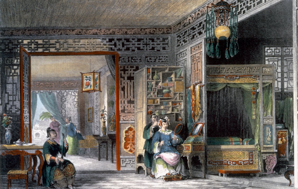 Budoár és egy rangú hölgy hálószobája, Kína, 1843 alkotó: Thomas Allom