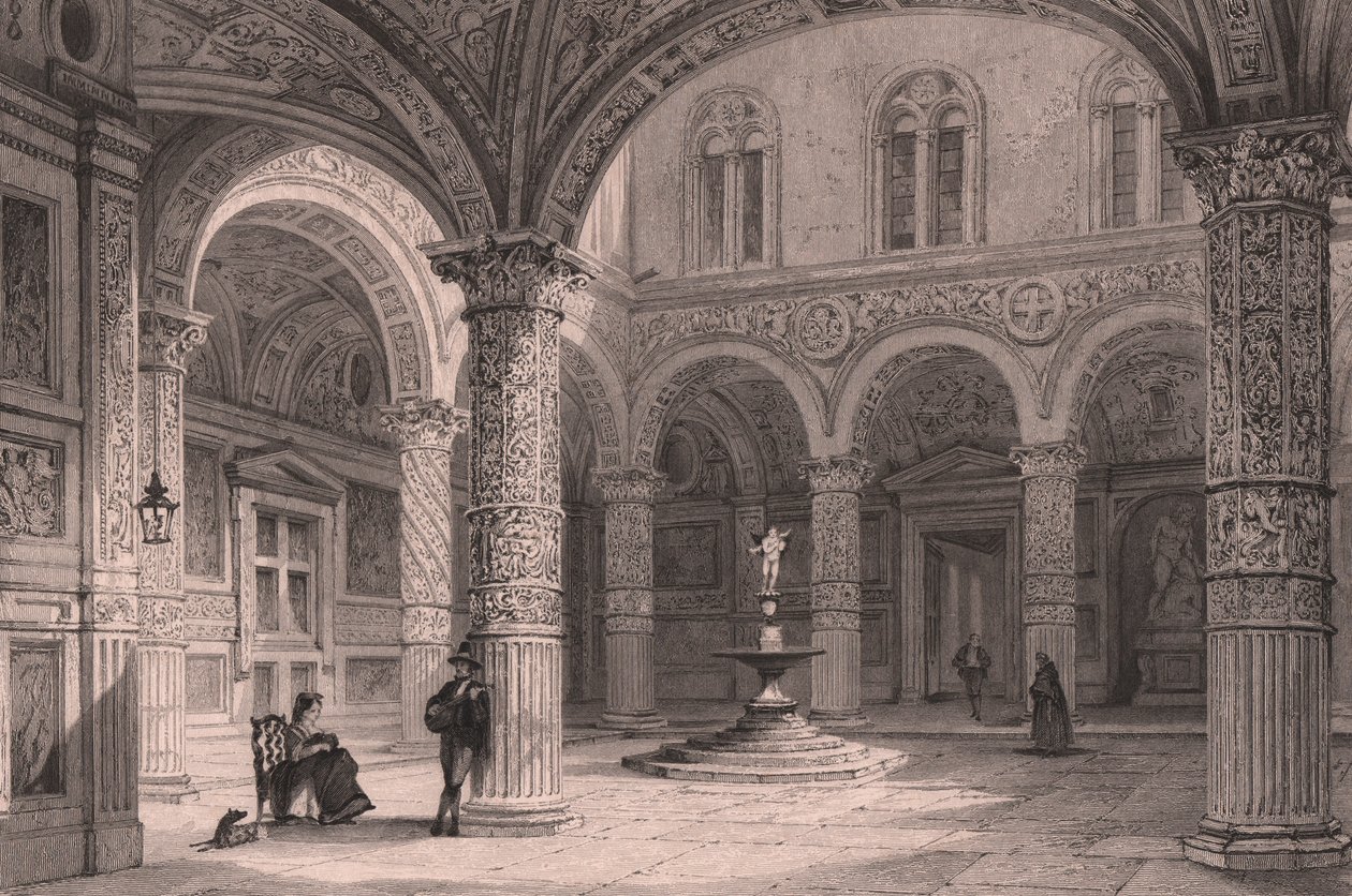 A Palazzo Vecchio udvara Firenzében, Toszkánában, Olaszországban, James Tingle acélmetszete (aktív 1830-1860 körül) Thomas Allom (1804-1872) rajza alapján, kb 21x15 cm alkotó: Thomas Allom