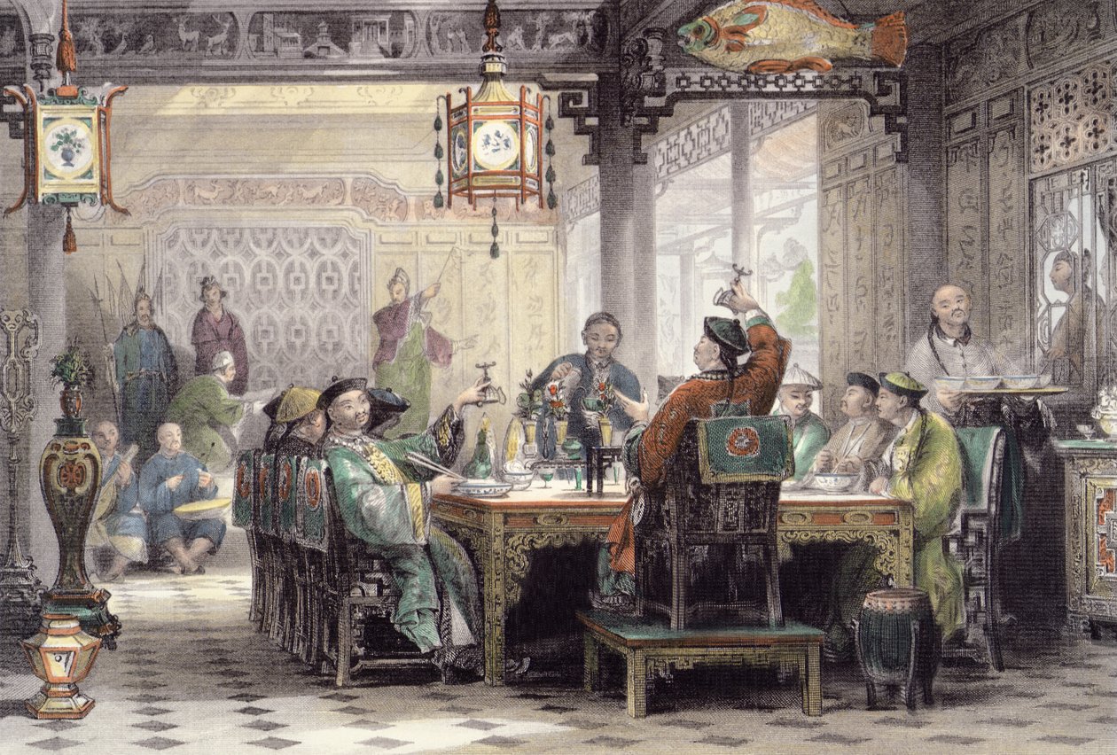 Vacsoraest egy mandarin házában, George Newenham Wright (1790-1877 körül) "China in a Series of Views" című művéből, metszette G. Paterson, 1843. alkotó: Thomas Allom