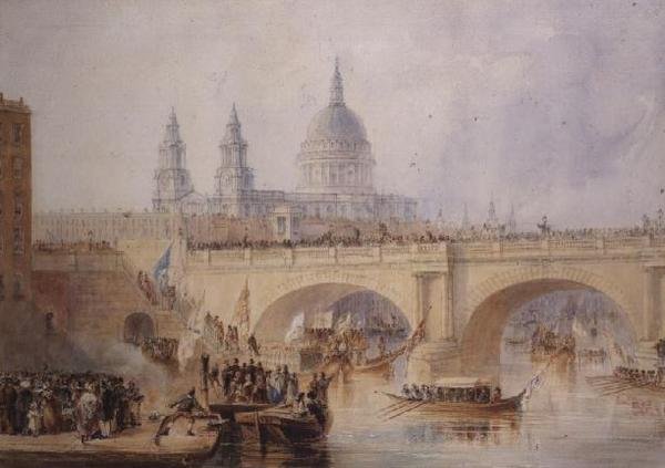 A főpolgármester partra szállása a Blackfriars hídon, 1830 körül alkotó: Thomas Allom