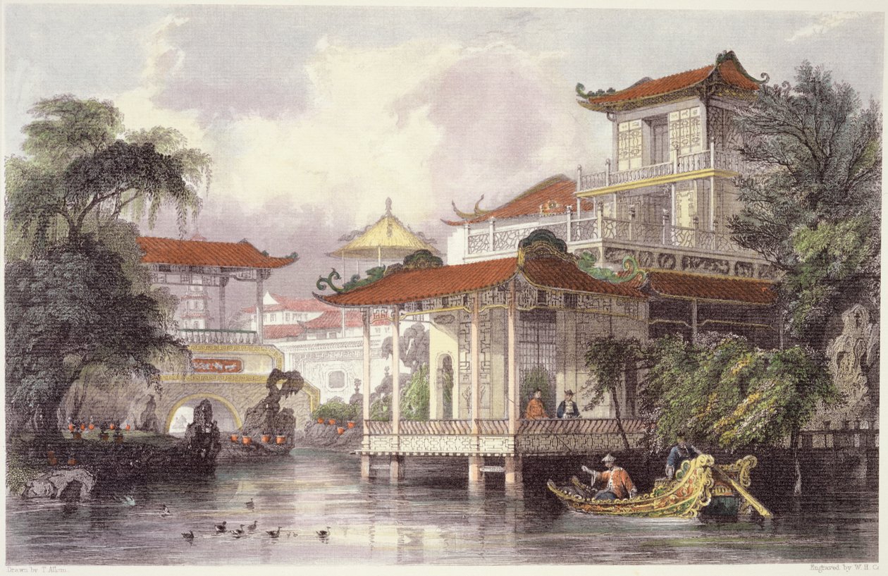Egy kínai kereskedő otthona Kanton közelében, George Newenham Wright (kb. 1790-1877) „China in a Series of Views” című filmből, 1843 alkotó: Thomas Allom