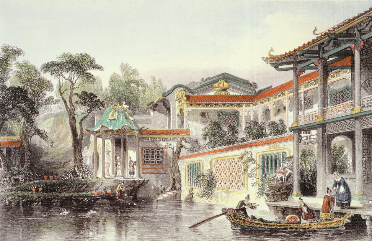 House of Conseequa, egy kínai kereskedő, Kanton külvárosában, George Newenham Wright (1790-1877 körül) „China in a Series of Views” című művéből, 1843 alkotó: Thomas Allom