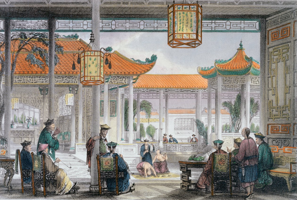 "Zsonglőrök kiállítása egy mandarin palota udvarában", Kína, 1843 alkotó: Thomas Allom