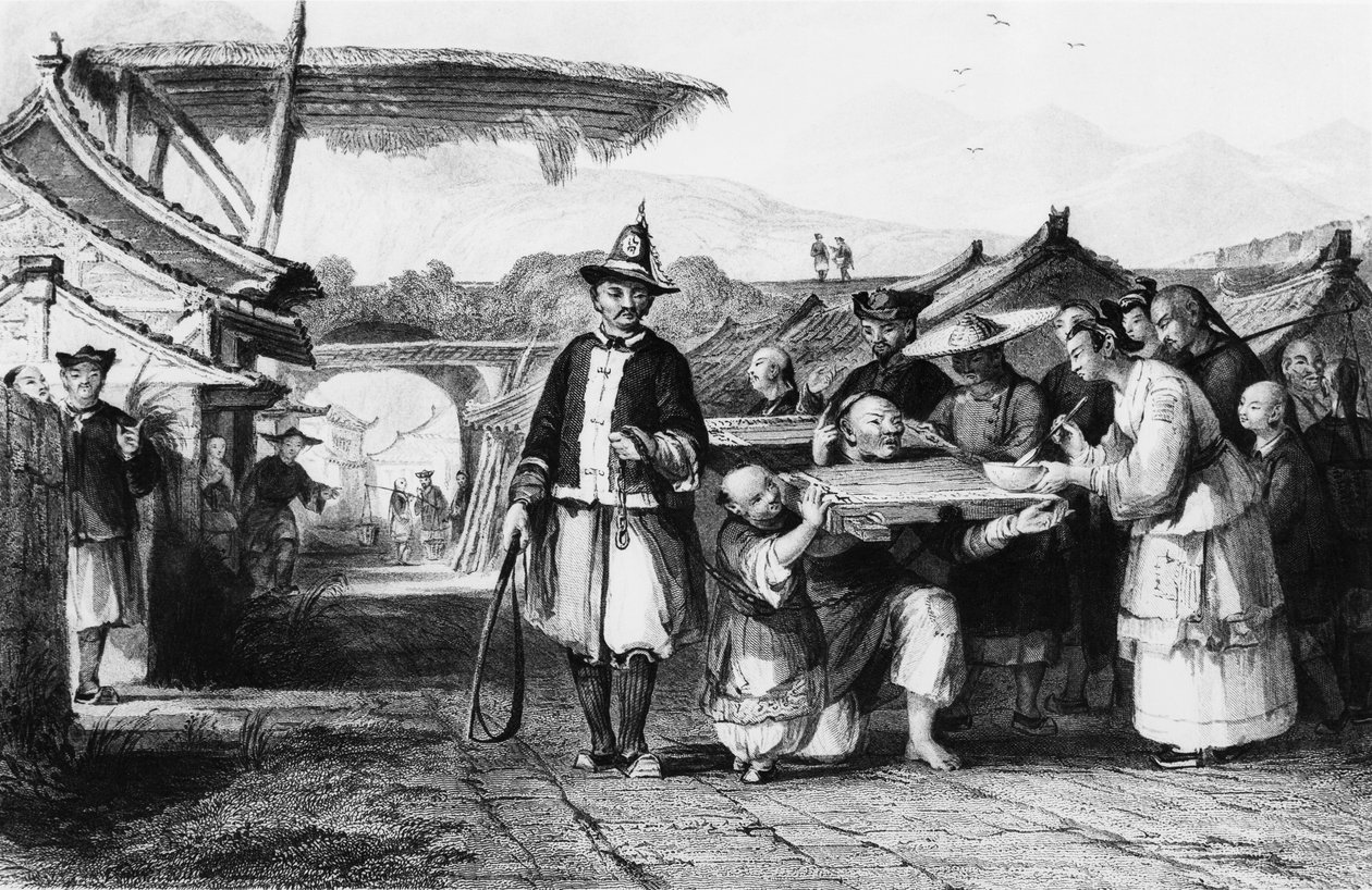 Büntetés tcha-val vagy cangue-val (fa iga vagy pillory), Thomas Allom (1804-1872) metszetei a Kínai Birodalomból alkotó: Thomas Allom