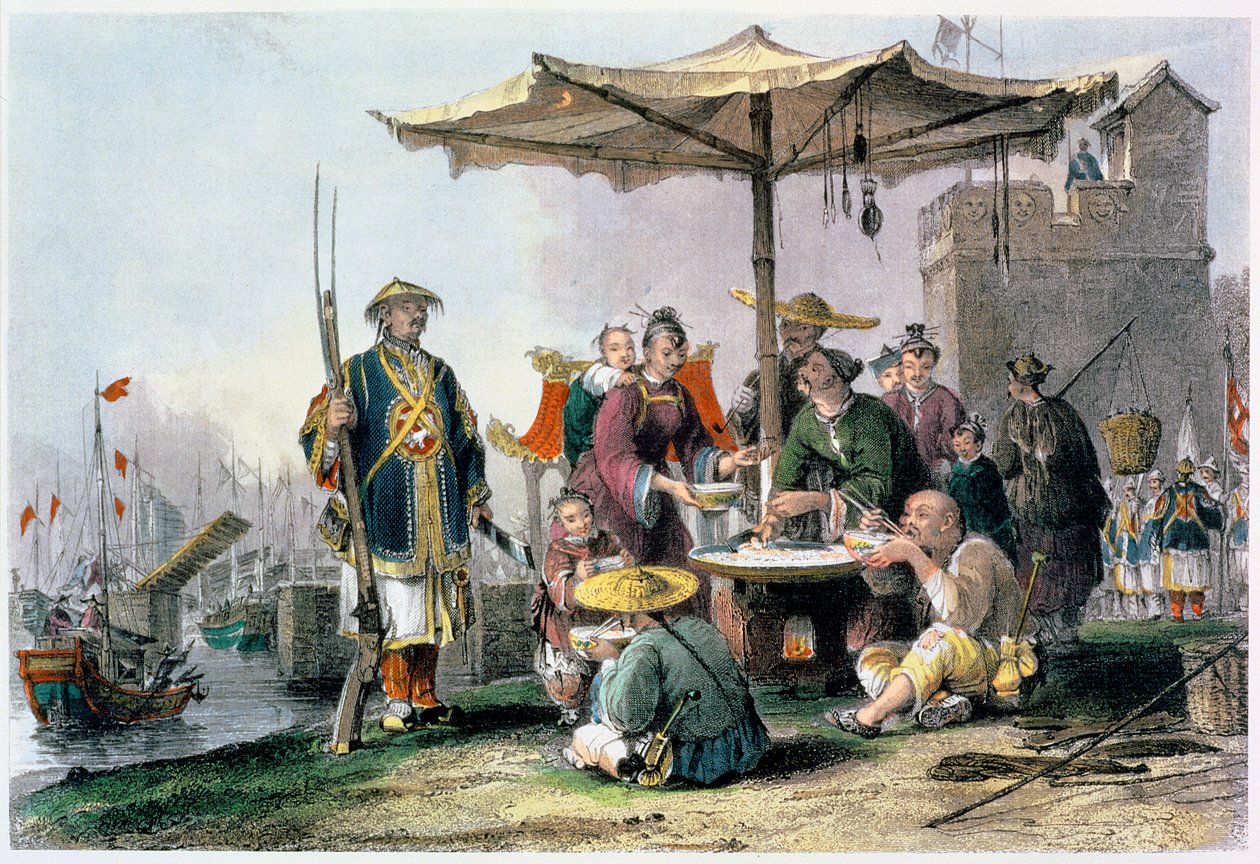 "Rízsárusok a Tong-Chang-Too katonai állomáson", Kína, 1843 alkotó: Thomas Allom