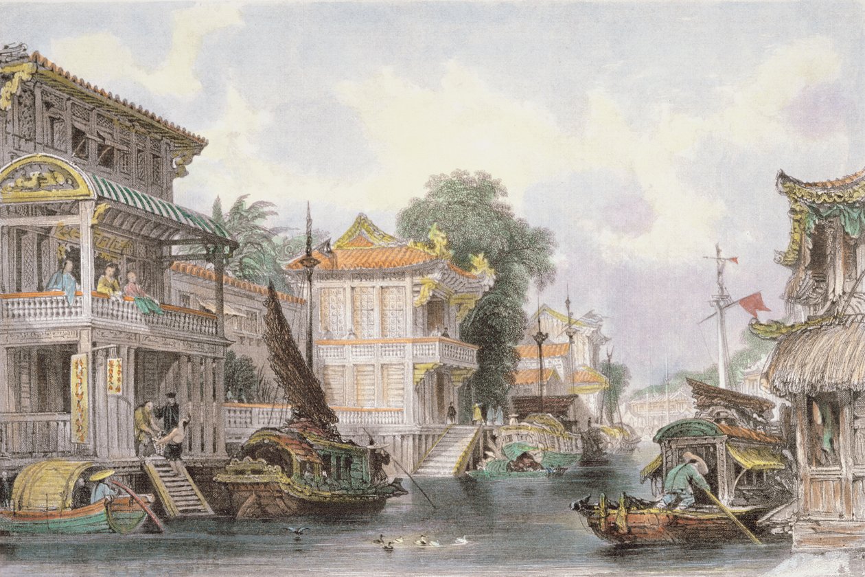Jelenet a Horan-csatornán Kanton közelében, 1850 körül alkotó: Thomas Allom