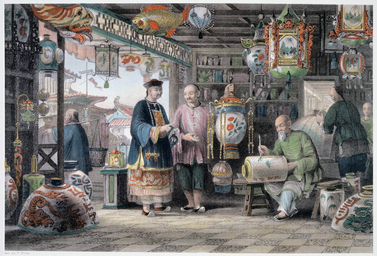„Egy lámpáskereskedő bemutatóterme Pekingben”, Kína, 1843 alkotó: Thomas Allom