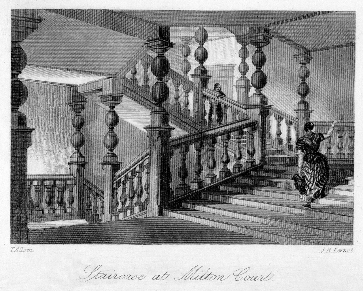 Milton Court lépcsőháza, Dorking közelében, Surrey államban, 19. század. alkotó: Thomas Allom