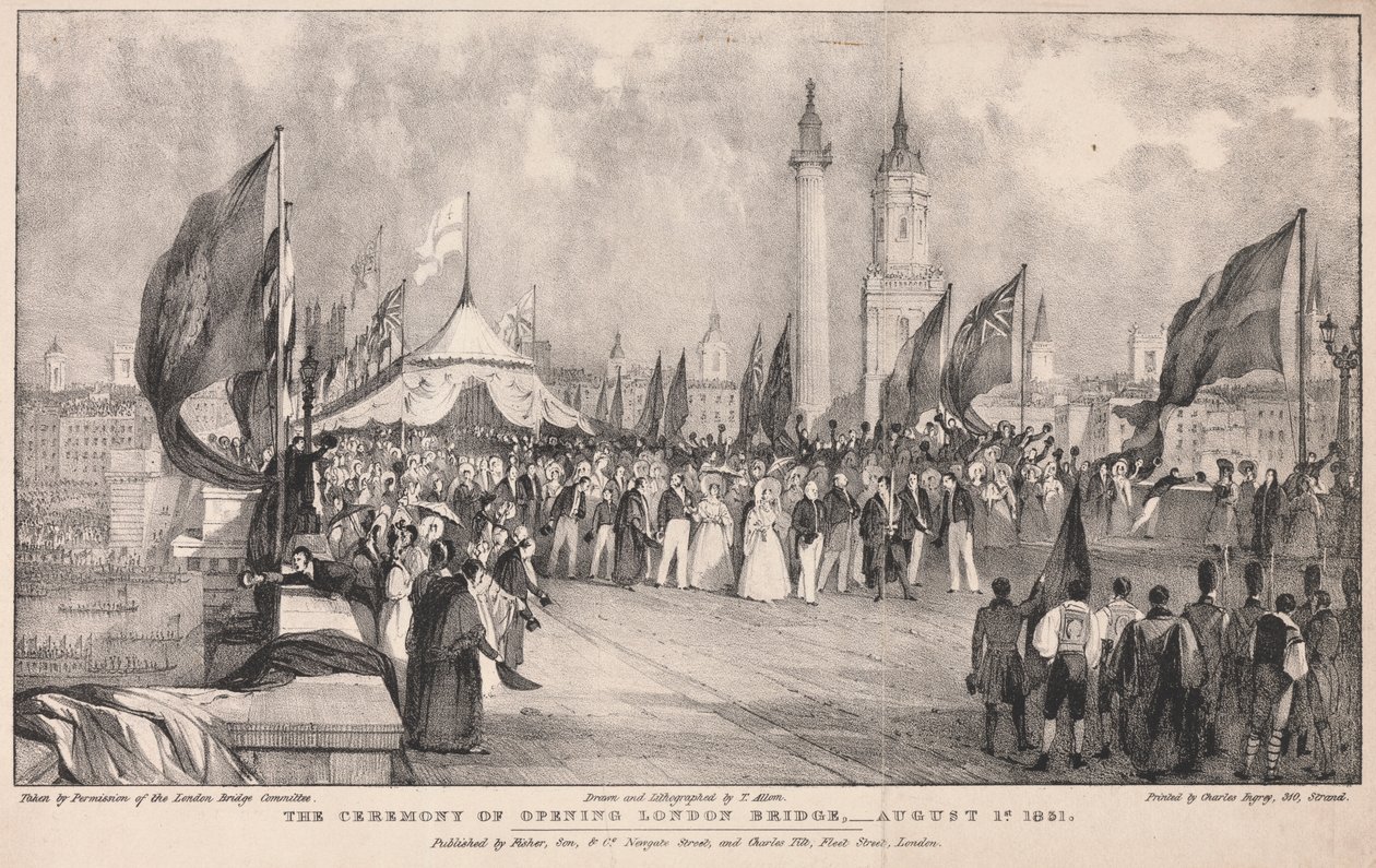 A londoni híd megnyitásának ceremóniája a háttérben a régi londoni híddal alkotó: Thomas Allom